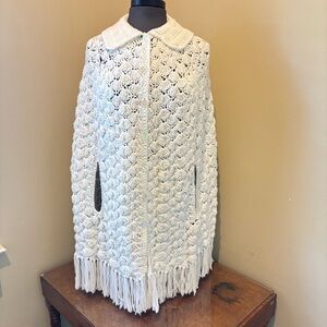 Vintage, Hand Crafted Cream Crochet Fringe Cape Coat with collar, cottagecore